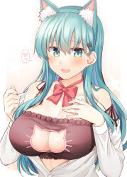 Rule 34 | 1girl, animal ear fluff, animal ears, aqua hair, black bra, blush, bra, breasts, buttons, cat cutout, cat ears, cleavage, clothing cutout, collarbone, commentary, green eyes, hair between eyes, hair ornament, hairclip, heart, jewelry, kantai collection, large breasts, long hair, long sleeves, neck ribbon, open mouth, red ribbon, revision, ribbon, ring, rui shi (rayze ray), shirt, smile, solo, spoken heart, suzuya (kancolle), underwear, upper body, wedding ring, white shirt