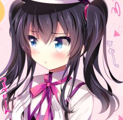Rule 34 | 1girl, black hair, blue eyes, blush, closed mouth, commentary request, gloves, hair between eyes, hair tie, hat, ichiyou moka, long hair, looking away, looking to the side, original, pink ribbon, pout, ribbon, shirt, sidelocks, solo, squiggle, translation request, twintails, white gloves, white hat, white shirt
