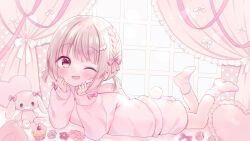 Rule 34 | 1girl, blush, bow, braid, cherry, commission, cupcake, curtains, doughnut, flower, food, fruit, hair bow, hands on own face, heart, heart-shaped pillow, hood, hoodie, lying, nail polish, nanase (ribonshitoron), on stomach, one eye closed, open mouth, original, pajamas, pillow, pink bow, pink curtains, pink eyes, pink flower, pink footwear, pink hair, pink hoodie, pink pajamas, pink ribbon, pink theme, pon de ring, raised eyebrows, ribbon, short twintails, shorts, side braid, skeb commission, socks, stuffed animal, stuffed rabbit, stuffed toy, twintails, window, wing hair ornament