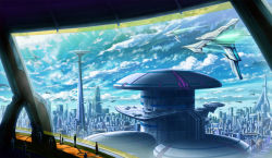 Rule 34 | aircraft, cityscape, cloud, day, hirohito (pi0421), original, scenery, science fiction, sky, window