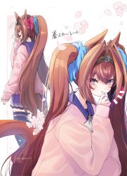 Rule 34 | 1girl, alternate costume, animal ears, antenna hair, blush, cardigan, closed mouth, commentary request, daiwa scarlet (umamusume), from behind, hair between eyes, hair intakes, highres, horse ears, horse girl, horse tail, jacket, long sleeves, looking at viewer, multiple views, open mouth, pink cardigan, pink jacket, puffy long sleeves, puffy sleeves, purple sailor collar, purple skirt, purple thighhighs, red eyes, sailor collar, school uniform, skirt, smile, tail, thighhighs, tiara, touko 56, tracen school uniform, umamusume