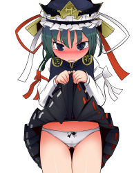 Rule 34 | 1girl, absurdres, blue eyes, blush, clenched teeth, clothes lift, embarrassed, female focus, green hair, hat, highres, lifted by self, panties, pantyshot, pleated skirt, shiki eiki, short hair, simple background, skirt, skirt lift, solo, tears, teeth, thigh gap, touhou, underwear, upskirt, white background, white panties, yassy
