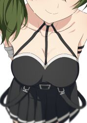 Rule 34 | 1girl, arm strap, armlet, arms behind back, black choker, black dress, blurry, breasts, camui1104, choker, cleavage, depth of field, dress, green hair, hashtag-only commentary, highres, large breasts, leaning forward, o-ring, o-ring choker, pleated dress, side ponytail, smile, solo, sousou no frieren, suspenders hanging, ubel (sousou no frieren)