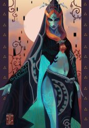 Rule 34 | 1girl, absurdres, artist logo, black cape, black skin, blue skin, breasts, cape, colored skin, commentary, english commentary, highres, jewelry, long hair, looking at viewer, midna, midna (true), multicolored skin, nail polish, navel, nintendo, pelvic curtain, red eyes, red hair, side slit, solo, standing, straight-on, sun, swanyume, the legend of zelda, the legend of zelda: twilight princess, two-tone skin