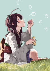 Rule 34 | 1girl, ahoge, blue skirt, blue sky, blush, bottle, brown eyes, brown hair, blowing bubbles, bubble wand, commentary request, day, headgear, highres, holding, holding bottle, japanese clothes, kimono, lamb (hitsujiniku), long hair, long sleeves, obi, on grass, outdoors, pleated skirt, profile, sash, skirt, sky, soap bubbles, solo, touhoku kiritan, twintails, voiceroid, white kimono, wide sleeves