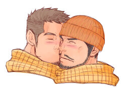 Rule 34 | 2boys, bara, beanie, beard, blush, brown hair, closed eyes, couple, cropped shoulders, facial hair, goatee, hat, highres, kiss, kissing cheek, long sideburns, male focus, mature male, multiple boys, muscular, muscular male, mustache, original, scarf, shared clothes, shared scarf, short hair, sideburns, thick eyebrows, tommymilk, white background, yaoi