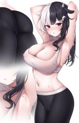 Rule 34 | 1girl, :o, absurdres, animal ears, armpits, arms behind head, arms up, ass, black hair, black pants, blush, bottle hair ornament, breasts, cleavage, commentary, covered erect nipples, cow ears, cow horns, crop top, highres, horns, large breasts, long hair, looking at viewer, mismatched animal ear colors, mole, mole on armpit, mole under eye, multicolored hair, multiple views, navel, original, pants, parted lips, plunging neckline, purple eyes, reel (riru), simple background, split-color hair, stomach, sweat, tank top, two-tone hair, upper body, white background, white hair, white tank top