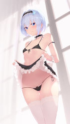 Rule 34 | 1girl, bare shoulders, bikini, black bikini, black bra, black choker, black hairband, black panties, black skirt, blue eyes, blush, bow, bow bikini, bow panties, bra, breasts, cait aron, choker, closed mouth, clothes lift, collarbone, commentary, curtains, day, frilled bikini, frilled choker, frilled skirt, frills, from below, front-tie bikini top, front-tie top, frown, gluteal fold, hair ornament, hairband, highres, indoors, lifted by self, looking at viewer, maid, maid bikini, micro bikini, no shirt, panties, ryuuou no oshigoto!, short hair, side-tie bikini bottom, silver hair, skirt, skirt lift, small breasts, snowflake hair ornament, solo, sora ginko, swimsuit, thighhighs, unconventional maid, underwear, white thighhighs, window, wrist cuffs