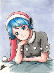 Rule 34 | 1girl, animal ears, blue eyes, blue hair, commentary, doremy sweet, dress, grin, hat, isaki tanaka, looking at viewer, matching hair/eyes, nightcap, short hair, short sleeves, signature, smile, solo, tapir ears, touhou, traditional media, upper body