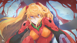 Rule 34 | 1girl, absurdres, artist name, artist request, blood, blue eyes, bodysuit, breasts, collarbone, day, the end of evangelion, grin, highres, interface headset, long hair, looking at viewer, medium breasts, neon genesis evangelion, orange hair, outstretched arms, plugsuit, print bodysuit, red bodysuit, red headwear, shiny clothes, sidelocks, skin tight, smile, souryuu asuka langley, spread arms, thighs, two side up, very long hair
