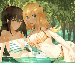 Rule 34 | 2girls, bad id, bad pixiv id, bikini, blonde hair, blush, breasts, brown hair, cleavage, front-tie top, green eyes, karube, long hair, looking at viewer, lowres, medium breasts, mole, multiple girls, navel, open mouth, original, partially submerged, plaid, red eyes, shade, strap gap, striped bikini, striped clothes, swimsuit, water
