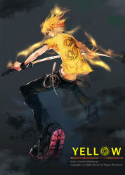 Rule 34 | 1boy, belt, blonde hair, full body, katana, male focus, shirt, solo, stecky, sword, weapon, yellow shirt