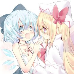 Rule 34 | 2girls, adapted costume, blonde hair, blue bow, blue eyes, blue hair, blush, bow, bowtie, cirno, closed mouth, collarbone, detached wings, dress, eye contact, hair between eyes, hair bow, hand on another&#039;s chest, inasa orange, lily white, long hair, long sleeves, looking at another, medium hair, multiple girls, neck ribbon, open mouth, pink eyes, red bow, red bowtie, red ribbon, ribbon, simple background, touhou, upper body, white background, white dress, white headwear, wings, yuri