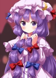 Rule 34 | 1girl, :/, blush, bunching hair, capelet, commentary request, crescent, crescent hat ornament, dress, hands up, hat, hat ornament, highres, long hair, looking at viewer, mob cap, patchouli knowledge, purple background, purple dress, purple eyes, purple hair, ruu (tksymkw), simple background, solo, striped, touhou, upper body, vertical stripes, very long hair