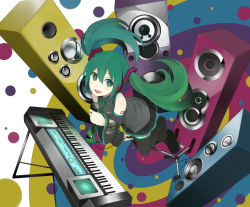 Rule 34 | 1girl, bad id, bad pixiv id, boots, detached sleeves, from above, green eyes, green hair, hatsune miku, instrument, keyboard (instrument), long hair, matching hair/eyes, microphone, microphone stand, necktie, nnyu, skirt, solo, speaker, thigh boots, thighhighs, twintails, very long hair, vocaloid