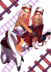 Rule 34 | 2girls, absurdres, bare shoulders, black gloves, blue eyes, blunt bangs, blush, boots, bow, bowtie, breasts, closed eyes, dark-skinned female, dark skin, dual persona, earrings, gloves, hat, highres, hug, indie virtual youtuber, jacket, jewelry, joanna jonas, kurozawa yui, large breasts, long hair, looking at viewer, mole, mole under eye, mole under mouth, multiple girls, open mouth, pink hair, pouch, railroad tracks, red eyes, red jacket, shako cap, sharp teeth, shirt, short eyebrows, short shorts, shorts, sleeveless, sleeveless shirt, smile, teeth, thigh boots, thighhighs, very long hair, virtual youtuber, white shirt, white shorts