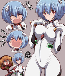 Rule 34 | &gt; &lt;, +++, 1girl, alternate breast size, ayanami rei, blue hair, bodysuit, breasts, breasts squeezed together, cowboy shot, crying, embarrassed, fujitaka nasu, grabbing, grabbing another&#039;s breast, grabbing another's breast, grey background, guided breast grab, guiding hand, hairpods, heart, highres, interface headset, large breasts, laughing, looking at viewer, multiple views, neon genesis evangelion, open mouth, out of character, plugsuit, smile, souryuu asuka langley, spoken heart, standing, tears, upper body, white bodysuit, yuri