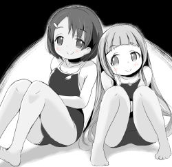 Rule 34 | 2girls, bare arms, bare legs, bare shoulders, barefoot, blush, breasts, cleavage, closed mouth, commentary request, greyscale, hair ornament, hairclip, highres, ichihara nina, idolmaster, idolmaster cinderella girls, knees up, lemon pan, long hair, monochrome, multiple girls, sasaki chie, school swimsuit, short hair, sitting, small breasts, smile, spot color, swimsuit, thick eyebrows, thighs, very long hair