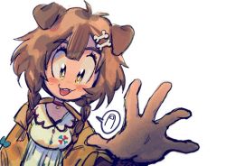 Rule 34 | :3, animal collar, animal ears, blue bow, bone hair ornament, bow, braid, brown eyes, brown hair, buttons, collar, dog ears, dog girl, dress, fangs, foreshortening, hair between eyes, hair ornament, hairclip, hololive, inugami korone, inugami korone (1st costume), jacket, long hair, low twin braids, off shoulder, outstretched arm, reaching, reaching towards viewer, red collar, short dress, snout (artist), solo, spoken object, twin braids, virtual youtuber, white background, white dress, yellow jacket