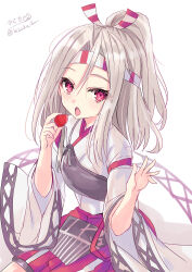 Rule 34 | 1girl, absurdres, apron, cowboy shot, food, fruit, grey hair, hachimaki, hakama, hakama shorts, headband, high ponytail, highres, hizaka, japanese clothes, kantai collection, long hair, muneate, one-hour drawing challenge, red eyes, red shorts, shorts, signature, sitting, solo, strawberry, striped headband, twitter username, wide sleeves, zuihou (kancolle)
