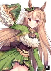 Rule 34 | 1girl, animal ears, arm up, blush, braid, breasts, brown eyes, brown hair, closed mouth, commentary request, cropped jacket, frilled shirt, frills, green jacket, green skirt, hair between eyes, half updo, horse ears, jacket, large breasts, long hair, long sleeves, looking at viewer, mitha, satono diamond (umamusume), shirt, simple background, skirt, sleeves past fingers, sleeves past wrists, smile, solo, umamusume, very long hair, white background, white shirt