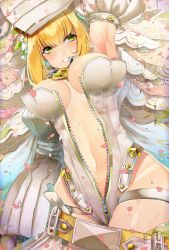 Rule 34 | 10s, ahoge, armpits, artist request, bad id, bad twitter id, blonde hair, bodysuit, breasts, breasts apart, bridal veil, center opening, colored eyelashes, detached collar, fate/extra, fate/extra ccc, fate/grand order, fate (series), full-length zipper, garter belt, garter straps, gradient background, hair between eyes, highres, legs together, leotard, nero claudius (bride) (fate), nero claudius (bride) (second ascension) (fate), nero claudius (fate), nero claudius (fate) (all), solo, thighs, veil, waist cape, water drop, white bodysuit, zipper, zipper pull tab