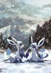 Rule 34 | absurdres, blue eyes, closed mouth, creatures (company), game freak, gen 4 pokemon, glaceon, highres, looking up, lying, mountain, nintendo, no humans, outdoors, pokemon, pokemon (creature), ribero, sitting, snow, snowing, tree
