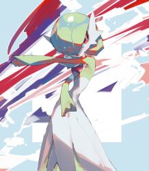 Rule 34 | arm up, bob cut, chikichi, colored skin, creatures (company), dress, game freak, gardevoir, gen 3 pokemon, green hair, hair over one eye, looking to the side, multicolored background, multicolored skin, nintendo, open mouth, pink eyes, pokemon, pokemon (creature), two-tone skin, white dress, white skin