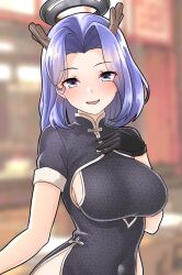 Rule 34 | 1girl, alternate costume, black dress, blurry, blurry background, blush, china dress, chinese clothes, dragon horns, dress, furaggu (frag 0416), gloves, halo, headgear, highres, horns, kantai collection, looking at viewer, mechanical halo, open mouth, purple eyes, purple hair, short hair, smile, solo, tatsuta (kancolle)