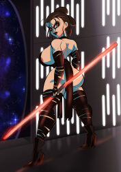 Rule 34 | 1girl, alternate universe, areola slip, ass, back, backboob, black lips, boots, breasts, brown hair, double-blade, elbow gloves, energy sword, eyeshadow, fingerless gloves, from behind, glassfish, gloves, highres, large breasts, lightsaber, looking back, makeup, red eyes, rey (star wars), sideboob, sith, solo, standing, star wars, star wars: the rise of skywalker, sword, thick thighs, thighhighs, thighs, torn clothes, weapon, wide hips