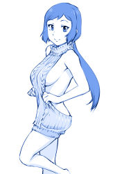 Rule 34 | 10s, 1girl, backless dress, backless outfit, bare shoulders, blue hair, blue theme, breasts, dress, female focus, gundam, gundam build fighters, iori rinko, large breasts, long hair, looking at viewer, low ponytail, mature female, meme attire, monochrome, naked sweater, ponytail, sideboob, smile, solo, sweater, sweater dress, turtleneck, turtleneck sweater, ueyama michirou, virgin killer sweater