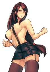 Rule 34 | 1girl, absurdres, babusgames, black skirt, breasts, cropped legs, final fantasy, final fantasy vii, final fantasy vii remake, garter straps, highres, large breasts, long hair, low-tied long hair, naked suspenders, navel, no bra, pleated skirt, skirt, solo, stomach, suspenders, thighhighs, tifa lockhart