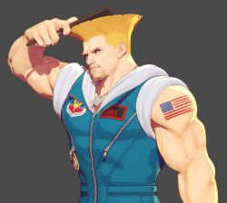 Rule 34 | 1boy, 3d, alternate facial hair, american flag tattoo, arm up, bara, bare arms, bare shoulders, blonde hair, brushing hair, dan eder, dog tags, facial hair, frown, goatee, guile, highres, large pectorals, looking at viewer, male focus, mature male, muscular, muscular male, nipples, official alternate costume, pectorals, short hair, solo, street fighter, street fighter 6, stubble, upper body, zipper
