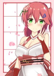 Rule 34 | 1girl, bare shoulders, belt, breasts, bridal gauntlets, cleavage, female focus, flower, green eyes, hair ornament, hairclip, highres, hololive, nontraditional miko, petals, pink hair, sakura miko, side ponytail, smile, solo, tagme, virtual youtuber, zatu