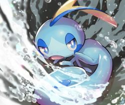 Rule 34 | blue eyes, bright pupils, commentary, creatures (company), game freak, gen 8 pokemon, highres, looking back, nintendo, no humans, nullma, open mouth, pokemon, pokemon (creature), sobble, solo, tongue, water, water drop