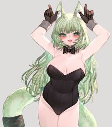 Rule 34 | 1girl, animal ear fluff, animal ears, arknights, arms up, black gloves, black leotard, blush, breasts, cat ears, cat girl, cat tail, cowboy shot, fang, gloves, green eyes, green hair, grey background, groin, harmonie (arknights), highres, kochiya (gothope), large breasts, leotard, long hair, open mouth, paid reward available, simple background, solo, strapless, strapless leotard, tail, tail ornament, tail ring, very long hair