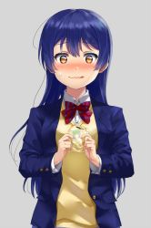 Rule 34 | 1girl, :q, baozi, blazer, blue hair, blue jacket, blush, bow, bowtie, collared shirt, commentary request, food, grey background, holding, holding food, jacket, long hair, long sleeves, love live!, love live! school idol project, nose blush, otonokizaka school uniform, red bow, red bowtie, school uniform, shirt, simple background, solo, sonoda umi, striped bow, striped bowtie, striped clothes, striped neckwear, sweatdrop, sweater vest, tongue, tongue out, upper body, usamaru67pi, yellow eyes