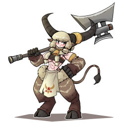 Rule 34 | 1girl, abs, absurdres, animal ears, armlet, axe, bell, blonde hair, body fur, breasts, brown eyes, cow ears, cow horns, cowbell, digitigrade, full body, hand on own hip, highres, holding, holding axe, hooves, horn ornament, horn ring, horns, juztpl4y1, large breasts, looking at viewer, minotaur, muscular, muscular female, neck fur, original, over shoulder, pelvic curtain, smile, solo, standing, tail, weapon, weapon over shoulder, white background