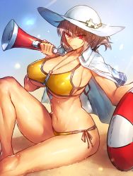 Rule 34 | &gt;:(, 1girl, alternate costume, armpits, bikini, breasts, cleavage, closed mouth, collarbone, commentary request, fate/grand order, fate (series), florence nightingale (chaldea lifesavers) (fate), florence nightingale (fate), folded ponytail, frown, groin, hat, highres, innertube, jewelry, knee up, large breasts, looking at viewer, megaphone, melon22, navel, necklace, open clothes, open shirt, pink hair, red eyes, sand, shiny skin, shirt, shirt on shoulders, short hair, side-tie bikini bottom, sideboob, sitting, solo, stomach, swim ring, swimsuit, thighs, tsurime, underboob, v-shaped eyebrows, white hat, yellow bikini