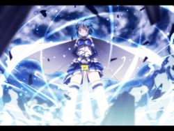 Rule 34 | 10s, 1girl, blue eyes, blue hair, cape, debris, elbow gloves, gloves, glowing, letterboxed, magical girl, mahou shoujo madoka magica, mahou shoujo madoka magica (anime), matching hair/eyes, miki sayaka, planted, planted sword, planted weapon, skirt, solo, sword, thighhighs, weapon, xxxx