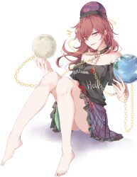 Rule 34 | 1girl, absurdres, bare shoulders, barefoot, black shirt, breasts, chain, cleavage, clothes writing, earth (ornament), gold chain, hair over one eye, hecatia lapislazuli, highres, jubctybn, long hair, looking at viewer, medium breasts, moon (ornament), multicolored clothes, multicolored skirt, off-shoulder shirt, off shoulder, red eyes, red hair, shirt, short sleeves, simple background, skirt, smile, solo, t-shirt, touhou, underworld (ornament), white background