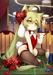 Rule 34 | 1girl, absurdly long hair, absurdres, ahoge, akashi (azur lane), alcohol, animal ears, azur lane, backless outfit, bare shoulders, between legs, bow, bowtie, brown thighhighs, cat ears, champagne, champagne flute, ciciya, commentary request, cup, dice hair ornament, drinking glass, fingernails, green hair, hair between eyes, hair bow, hair ornament, hand between legs, highres, holding, holding tray, indoors, leotard, long hair, playboy bunny, poker chip, rabbit tail, red bow, red bowtie, red leotard, roulette table, sample watermark, sidelocks, signature, solo, sparkle, strapless, strapless leotard, striped, striped bow, table, tail, thighhighs, tray, very long hair, watermark, wrist cuffs, yellow eyes