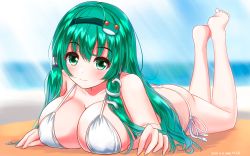 Rule 34 | 1girl, bad id, bad pixiv id, barefoot, bikini, breasts, closed mouth, collarbone, commentary request, dated, fingernails, frog hair ornament, green eyes, green hair, hair ornament, kochiya sanae, large breasts, looking at viewer, lying, on stomach, side-tie bikini bottom, smile, snake hair ornament, soles, solo, swimsuit, the pose, touhou, white bikini, yamaguchi yuu