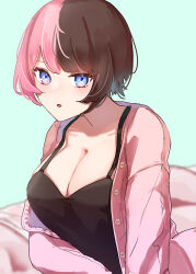 Rule 34 | 1girl, :o, absurdres, black tank top, blue eyes, breasts, brown hair, cleavage, highres, jacket, large breasts, long hair, looking at viewer, multicolored hair, open clothes, open jacket, pink hair, pink jacket, shiomin617, short hair, solo, split-color hair, tachibana hinano (vtuber), tank top, two-tone hair, virtual youtuber, vspo!