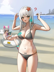 Rule 34 | 2girls, absurdres, android, animal, animal on head, bandaid, bandaid on knee, bandaid on leg, barcode, barcode tattoo, beach, bikini, black bikini, blush, breasts, closed mouth, confused, day, dong ji, earrings, flip-flops, frilled bikini, frills, hair between eyes, halterneck, handheld game console, highres, holding, holding handheld game console, horizon, innertube, jewelry, joints, large breasts, long hair, looking at viewer, multiple girls, navel, nintendo switch, ocean, on head, open mouth, original, outdoors, playing games, pubic tattoo, sandals, sitting, sky, standing, starfish, stomach, string bikini, sunglasses, swim ring, swimsuit, tattoo, tearing up, triangle earrings, twintails, water, white bikini, white hair