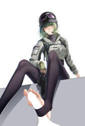 Rule 34 | 1girl, absurdres, arknights, barefoot, ela (arknights), feet, fingerless gloves, footjob, gloves, goggles, green eyes, green hair, highres, light blush, looking at viewer, medium hair, parted lips, shoes, single shoe, soles, stirrup legwear, tactical clothes, toeless legwear, toes, unworn shoes, zhenpiaoliang