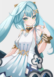 Rule 34 | 1girl, aqua hair, bare shoulders, blue nails, blunt bangs, bracelet, breasts, cowlick, dress, faruzan (genshin impact), genshin impact, green eyes, hair between eyes, hair ornament, hand up, highres, jewelry, long hair, looking at viewer, nail polish, parted lips, short sleeves, small breasts, solo, symbol-shaped pupils, triangle-shaped pupils, twintails, tyenka7728, upper body, white dress, x hair ornament