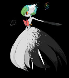 Rule 34 | 1girl, alternate color, arm up, asymmetrical gloves, bare shoulders, black background, black dress, black gloves, blue hair, bob cut, character name, collarbone, colored skin, creatures (company), dress, elbow gloves, english text, female focus, flat chest, full body, game freak, gardevoir, gen 3 pokemon, gloves, green hair, hair over one eye, highres, long dress, looking to the side, mega evolution, mismatched gloves, multicolored eyes, multicolored hair, nintendo, one eye covered, orange eyes, outstretched arm, pokedex number, pokemon, pokemon (creature), red eyes, rve, shiny pokemon, simple background, solo, split theme, standing, strapless, strapless dress, two-tone dress, two-tone hair, white dress, white gloves, white skin