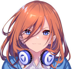 Rule 34 | 1girl, bad id, bad pixiv id, blue eyes, blush, breasts, go-toubun no hanayome, hair between eyes, headphones, headphones around neck, highres, long hair, long sleeves, looking at viewer, nakano itsuki, portrait, red hair, simple background, smile, solo, ulrich (tagaragakuin), white background