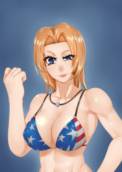 Rule 34 | 1girl, absurdres, american flag bikini, bad id, bad pixiv id, bikini, blonde hair, blue eyes, blue sky, breasts, cleavage, d-fands, dead or alive, female focus, flag print, highres, jewelry, large breasts, necklace, short hair, sky, solo, swimsuit, tina armstrong
